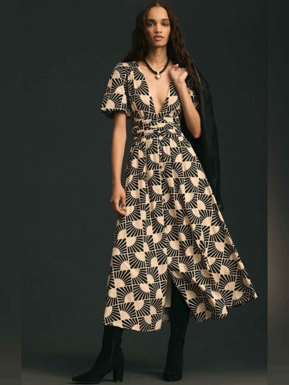 Beige and Black Geometric V-Neck Midi Dress